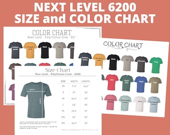 Nächste Stufe 6200 Farbkarte | Nächste Stufe 6200 Größentabelle | N6200 | Farbführer | POLY/COTTON CREW Mockup, flache Lay | Nächste Level-Größe und Farbanleitung