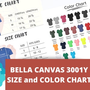 Pode incluir: Tabela de tamanhos e cores Bella Canvas 3001Y. A tabela mostra as medidas de peito e comprimento em polegadas para os tamanhos S, M e L. Também mostra a faixa etária correspondente para cada tamanho. A tabela de cores mostra uma variedade de cores para a camiseta Bella Canvas 3001Y.