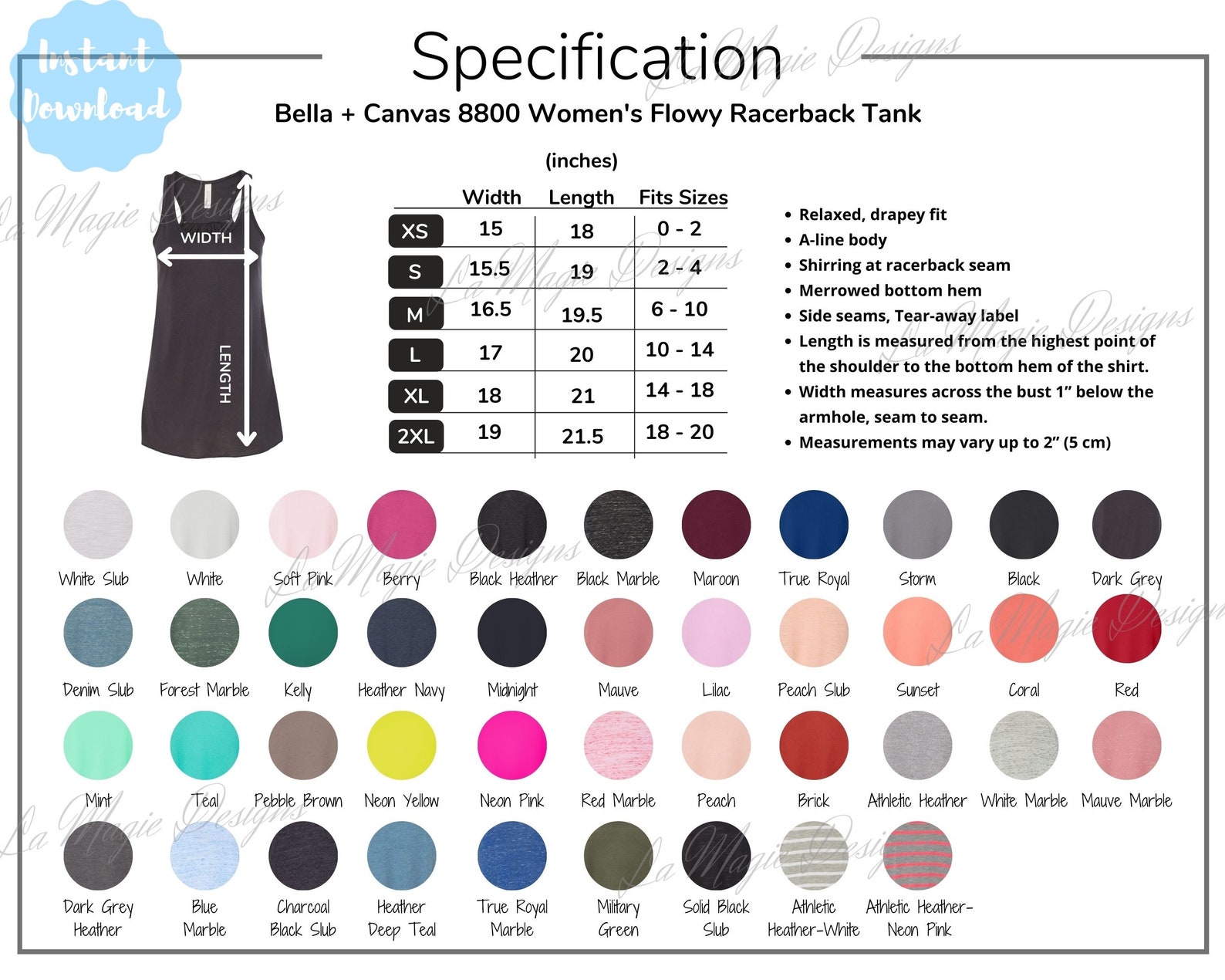 Download Bella Canvas 8800 Size and Color Chart BC8800 Size | Etsy