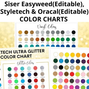Op de afbeelding: Kleurenkaarten voor Siser Easyweed, Styletech Ultra Glitter en Oracal vinyl. De kaarten tonen een verscheidenheid aan kleuren, waaronder groen, blauw, rood, oranje, geel en zwart.