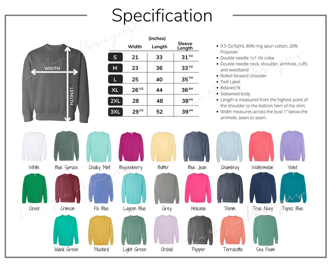 Editable Comfort Colors 1566 Color Colors 1566 Size Chart