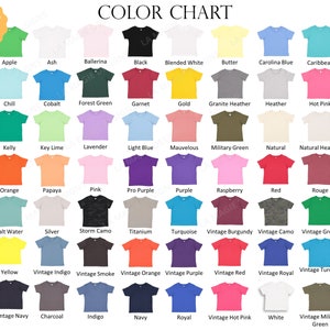 Pode incluir: Carta de cores mostrando 48 cores diferentes de camisetas. As cores est&atilde;o dispostas em linhas e colunas, com o nome de cada cor listado abaixo da camiseta correspondente.