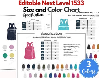 Op de afbeelding: Maattabel voor een racerback tanktop in verschillende kleuren. De tabel toont de afmetingen in inches voor de borst en de lengte van de tanktop in de maten XS, S, M, L, XL en 2XL. De tanktop is gemaakt van een lichtgewicht katoenen poly jersey stof.