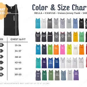 Bella Canvas 3480 Color Chart, Size Chart/ Bella Canvas 3480 Tamaño y Colores, Bella Canvas Unisex Jersey Tank, Bella Canvas Tank Top