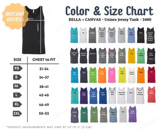 Bella Canvas 3480 Color Chart, Size Chart/ Bella Canvas 3480 Tamaño y Colores, Bella Canvas Unisex Jersey Tank, Bella Canvas Tank Top