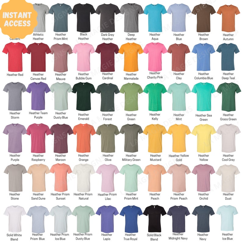 May include: A chart of 50 different colored t-shirts, showing the color names for each shirt. The t-shirts are all the same style, with a crew neck and short sleeves.