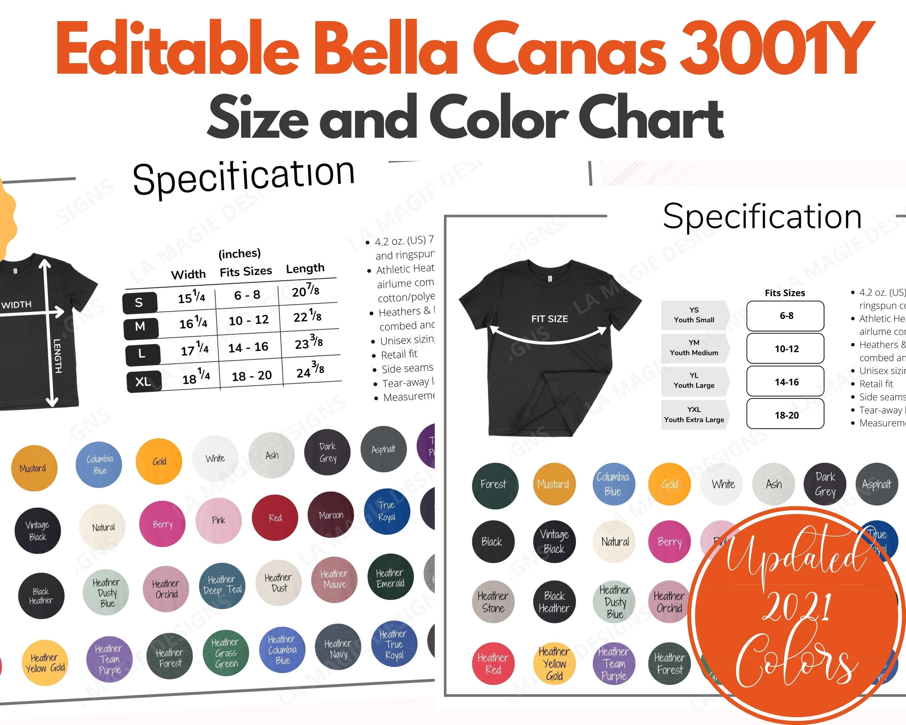 Download Bella Canvas 3001Y Size ChartBella Canvas 3001Y Color | Etsy