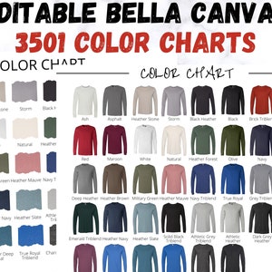 Carta de colores Bella Canvas 3501, Colores Bella 3501, BC3501, Carta de colores de manga larga Bella Canvas, Maqueta de carta de colores de sudadera Bella Canvas