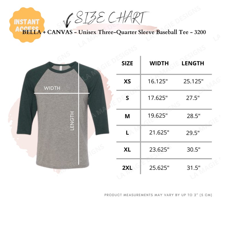 Bella Canvas 3200 Size Chart|Bella 3200 Size|BC3200|Bella 3200 Unisex Raglan Baseball T-Shirt 34 Sleeve Chart|Bella Canvas Raglan Chart