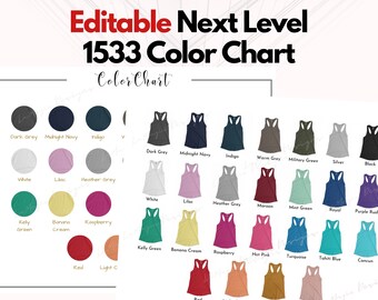 Op de afbeelding: Kleurenkaart voor Next Level 1533 tanktops. De kaart toont 24 verschillende kleuren, waaronder donkergrijs, middernachtblauw, indigo, warm grijs, legergroen, zilver, zwart, wit, lila, heather grijs, bordeauxrood, mintgroen, koninklijkblauw, paarsroest, kellygroen, banaanroom, framboos, roze, turquoise, Tahiti-blauw en rood.