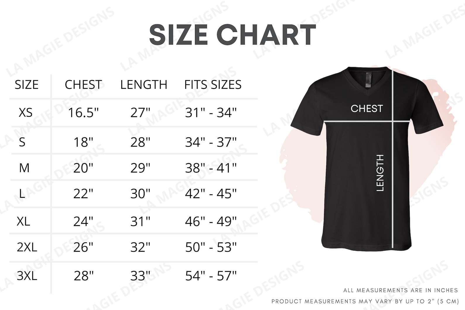 Bella Canvas 3005 Size Chart Unisex V-neck T-shirt Bella V - Etsy