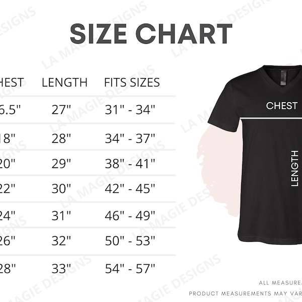 Bella Canvas 3005 Size Chart - Unisex V-Neck T-Shirt| Bella V Neck| BC3005 | Flat lay Mockup| Size Guide | Size Measurement