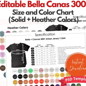 Bella + Canvas 3001 Size + Color Chart|Bella Canvas 3001 Color Chart|Bella 3001 Solid Colors|BC3001|Bella Unisex Jersey TShirt Color Chart