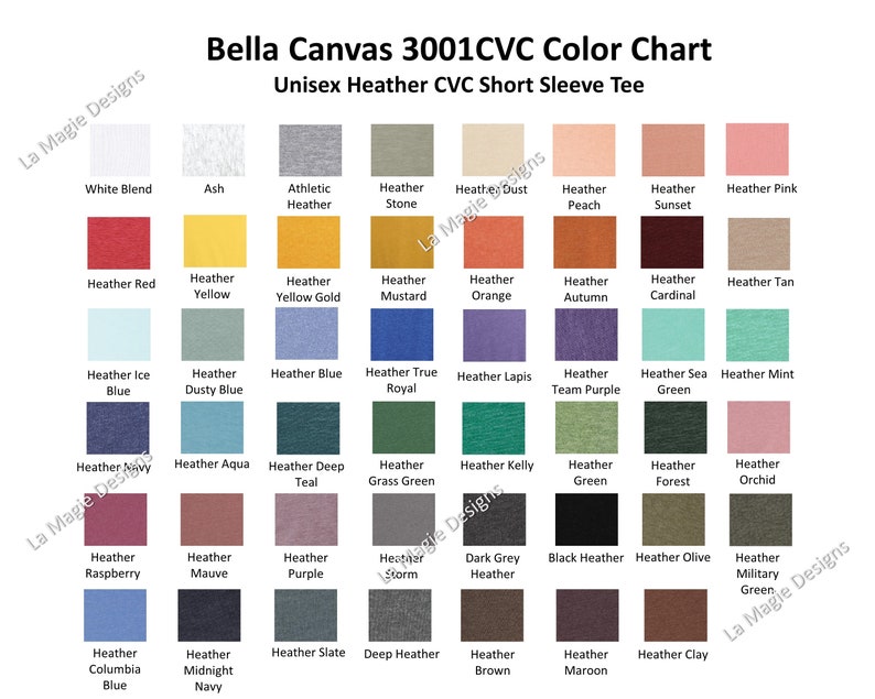 Download Bella Canvas 3001CVC Color Chart-All Heather Colors for Unisex | Etsy