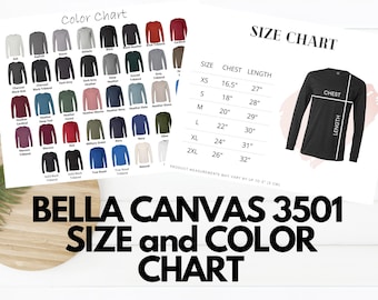 Bella Canvas 3501 Size and Color Chart |BC3501| Unisex Jersey Long Sleeve Tee|Size Chart Mockup|Size Chart, Color Chart, Mockup, Flat Lay