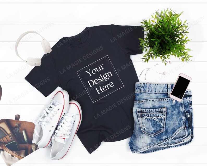 Download Gildan 64000 Softstyle Unisex T-shirt Mockup Black Flat Lay | Etsy