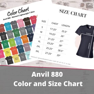 Anvil 880 Size Chart and Color Chart | Anvil Women’s Lightweight T-Shirt | Mockup| All Colors|Digital File|Size Guide,Color Flat Lay
