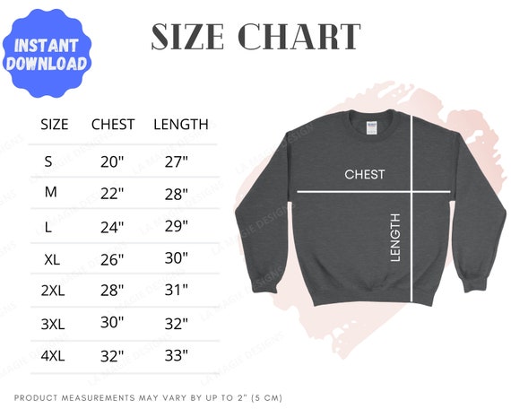unisex size chart sweatshirt