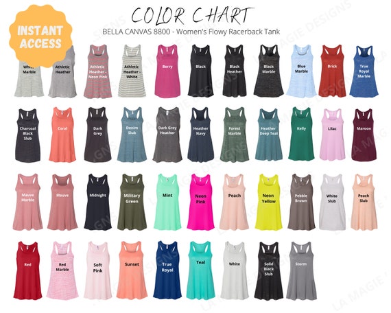 Bella Canvas 8800 Color Chart | BC8800| Racerback Tank |Tank Color Chart  Mockup|Ladies Flowy Racerback Tank color chart B8800