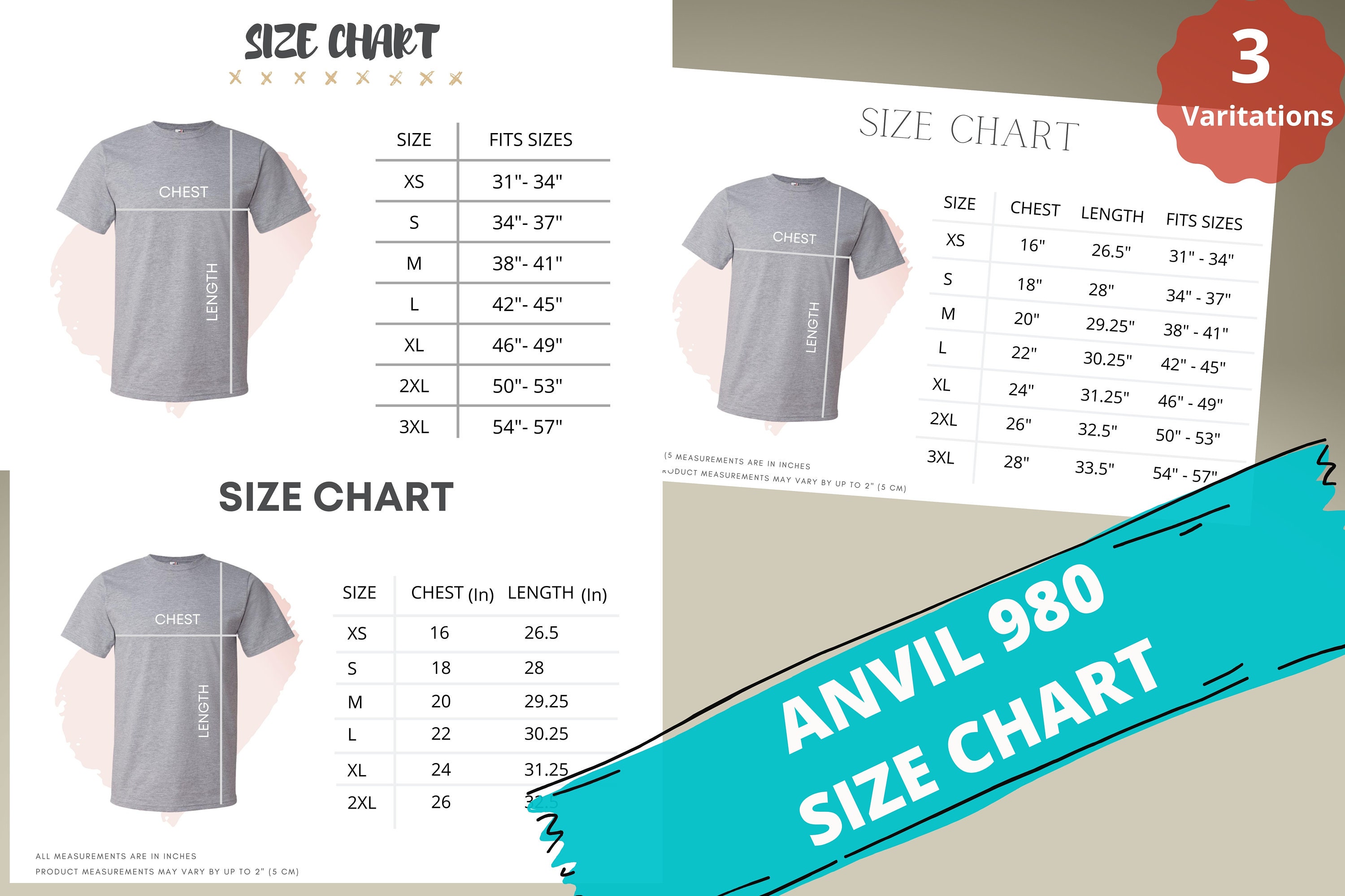 Download Anvil 980 Size ChartAnvil Unisex Lightweight T-Shirt Anvil | Etsy