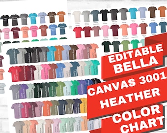 Bella Canvas 3001 Color Chart|All 3001 Heather Colors|Bella Unisex Jersey TShirt Color Chart|All Heather Colors 3001Flatlay Mockup|BC3001