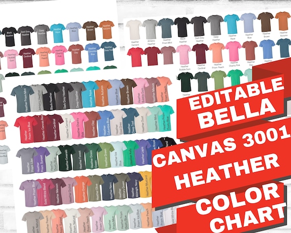 Bella Canvas 3001 Color Chart|All 3001 Heather Colors|Bella Unisex Jersey TShirt Color Chart|All Heather Colors 3001Flatlay Mockup|BC3001