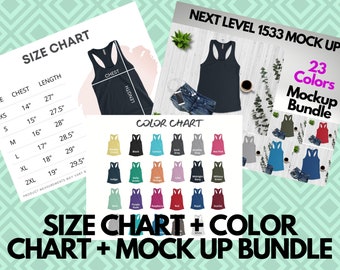 Op de afbeelding: Een mockup-bundel voor een tanktop in 23 kleuren. De bundel bevat een maattabel, een kleurenkaart en mockups van de tanktop in verschillende kleuren. De tanktop is een Next Level 1533.