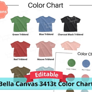 Carta de colores Bella Canvas 3413T / Bella + Carta de colores Canvas 3413T / Carta de colores Bella Canvas para niños pequeños / BC3413T / Guía de colores Bella para niños pequeños