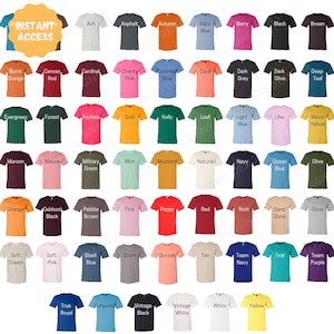 May include: A chart of 60 different colored t-shirts with the color name printed on each shirt.