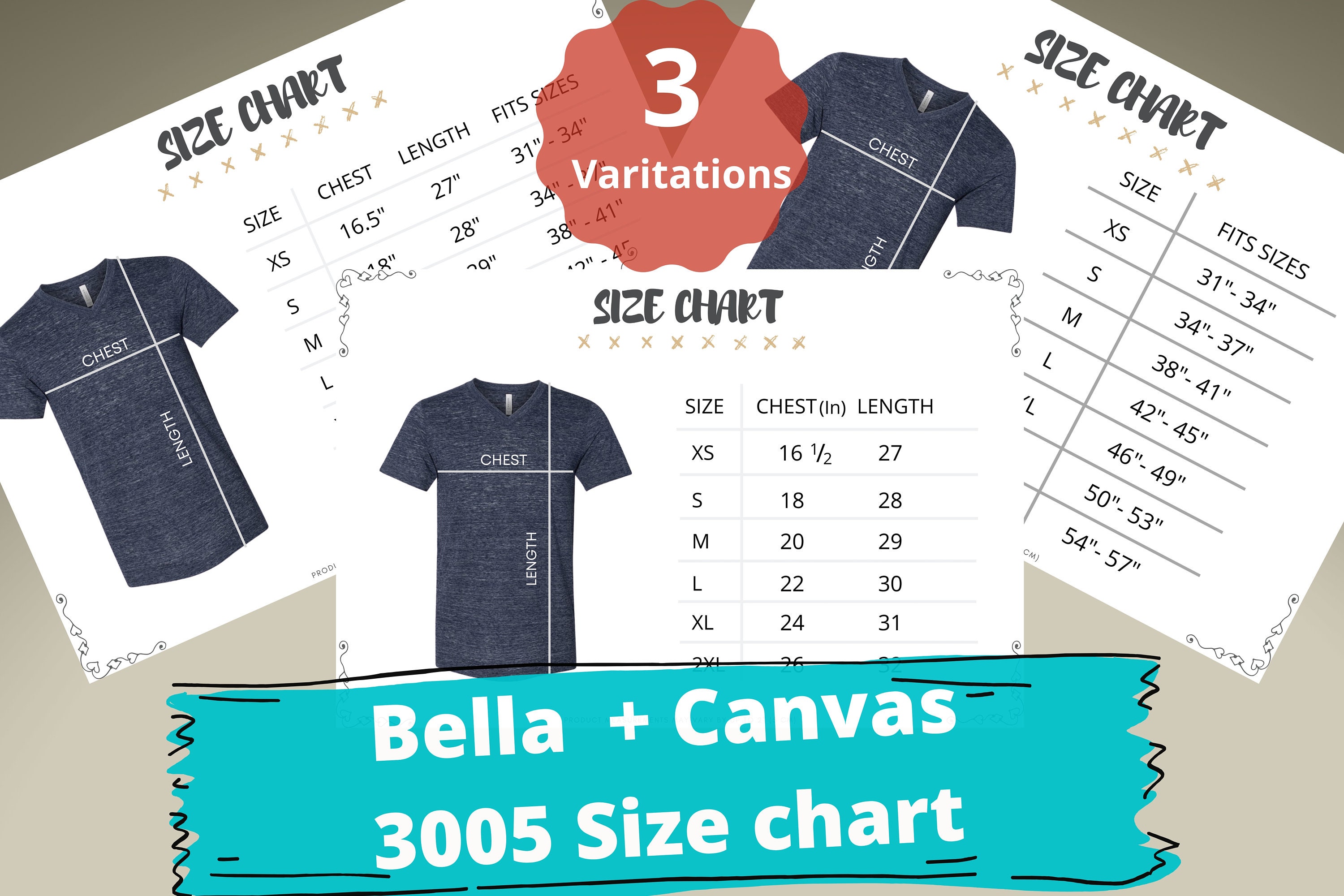 Bella Canvas 3005 Size Chart Unisex V-neck T-shirt Bella V - Etsy