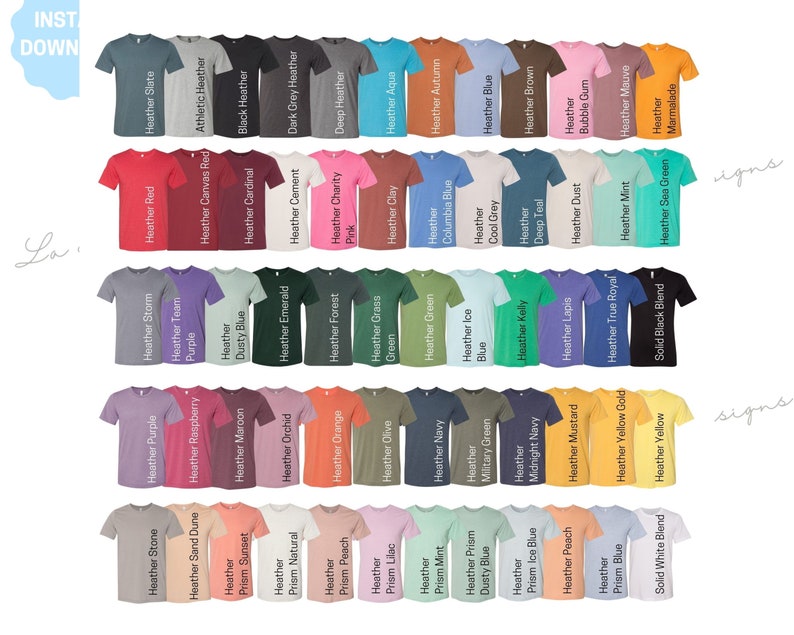 May include: A chart of 60 different t-shirt colors, including heather and solid colors. The colors are arranged in rows and columns, with the names of each color listed below each swatch.