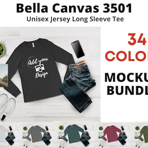 Bella Canvas 3501 Mockup /BC3501/ Bella 3501 Color/Unisex Jersey Camiseta de manga larga/Tabla de tallas Maqueta/Tabla de tallas, Carta de colores, Maqueta, Lay plano