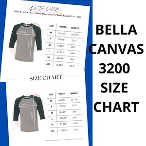 Bella Canvas 3200 Size Chart/Bella 3200 Size/BC3200/Bella 3200 Unisex Raglan Camiseta de Béisbol- 3/4 Manga Chart/Bella Canvas Raglan Chart