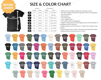 Bella 3001 Color Chart|Bella Canvas 3001 Size Chart|Bella Canvas 3001 Color Chart|Solid  and Heather Colors|T-Shirt Mockup Flatlay|BC3001