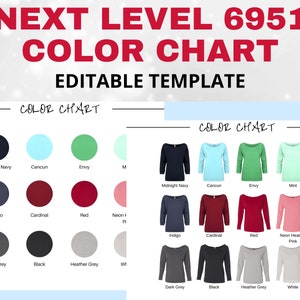 Nächste Stufe 6951 Farbdiagramm bearbeitbar | Nächste Ebene Raglan | N6951| Farbführer | DAMEN 3/4 Raglan Farbe Diagramm Mockup, flache Lay | Digitale