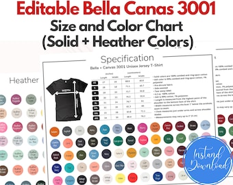 Bella Canvas 3001 Size Chart|Bella + Canvas 3001 Size and Color Chart|Bella Canvas 3001 Color Chart|Bella 3001 Solid Colors|BC3001 Colors
