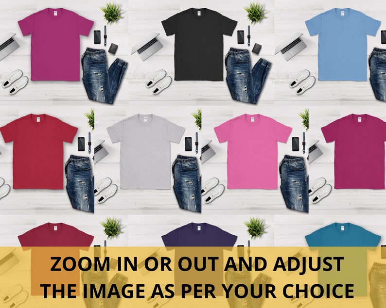 May include: A flat lay image of ten plain t-shirts in various colors, including pink, black, light blue, red, gray, hot pink, maroon, purple, and teal. Each t-shirt is laid out on a white wooden surface with a pair of jeans, a laptop, a phone, a watch, and a pen.