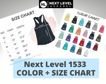 Op de afbeelding: Maattabel en kleurenkaart voor een dames tanktop. De tabel toont maten XS tot 2XL met bijbehorende borst- en lengtemaat in inches. De kleurenkaart toont 24 verschillende kleuren voor de tanktop.
