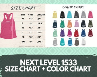 Op de afbeelding: Maattabel en kleurenkaart voor Next Level 1533 tanktops. De tabel toont maten XS tot 2XL met bijbehorende borst- en lengtemaat in inches. De kleurenkaart toont 24 verschillende kleuren tanktops.