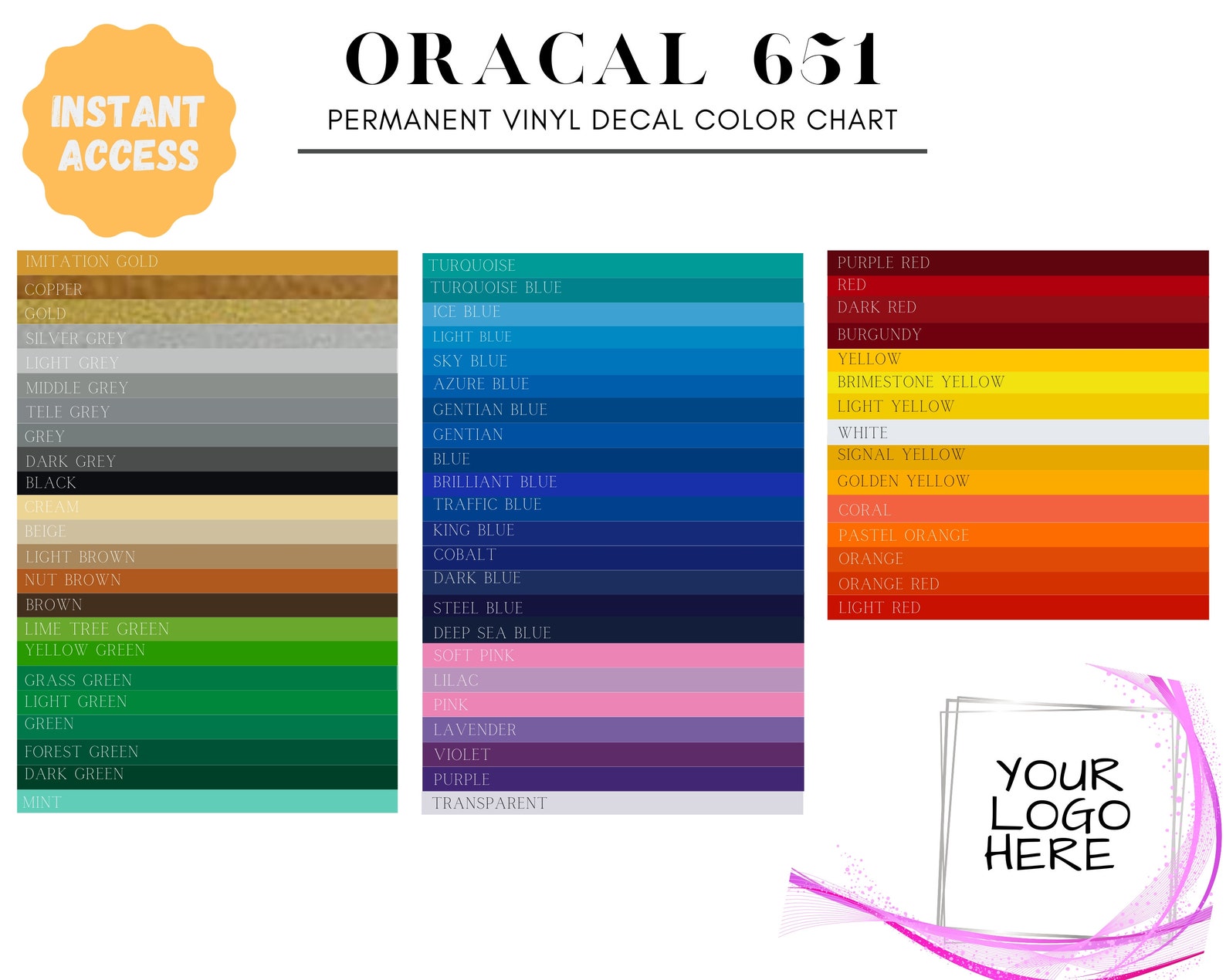 Oracal 651 color chart Permanent Vinyl Decal Color Chart | Etsy
