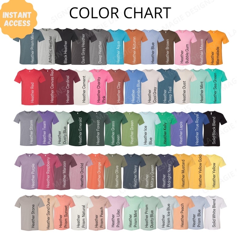 May include: Color chart showing a variety of t-shirt colors, including heather, prism, and solid colors. The chart is organized in rows and columns, with each color represented by a small t-shirt.