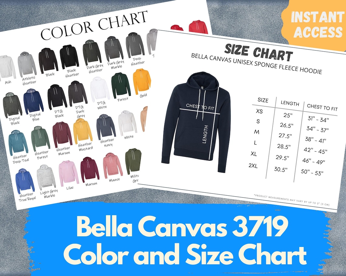 Bella Canvas 3719 Color Chart and Size Chartbella 3719 - Etsy