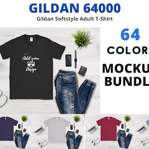 Gildan 64000 Mockup Bundle| Gildan 64000 T-shirt Colors - Couleur G640, Téléchargement numérique, Sublimation Downloadable Design, Gildan 64000 Flat lay