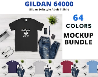 Paquete de maquetas Gildan 64000/Colores de camiseta Gildan 64000 - Color G640, Descarga digital, Diseño descargable de sublimación, Gildan 64000 Flat lay