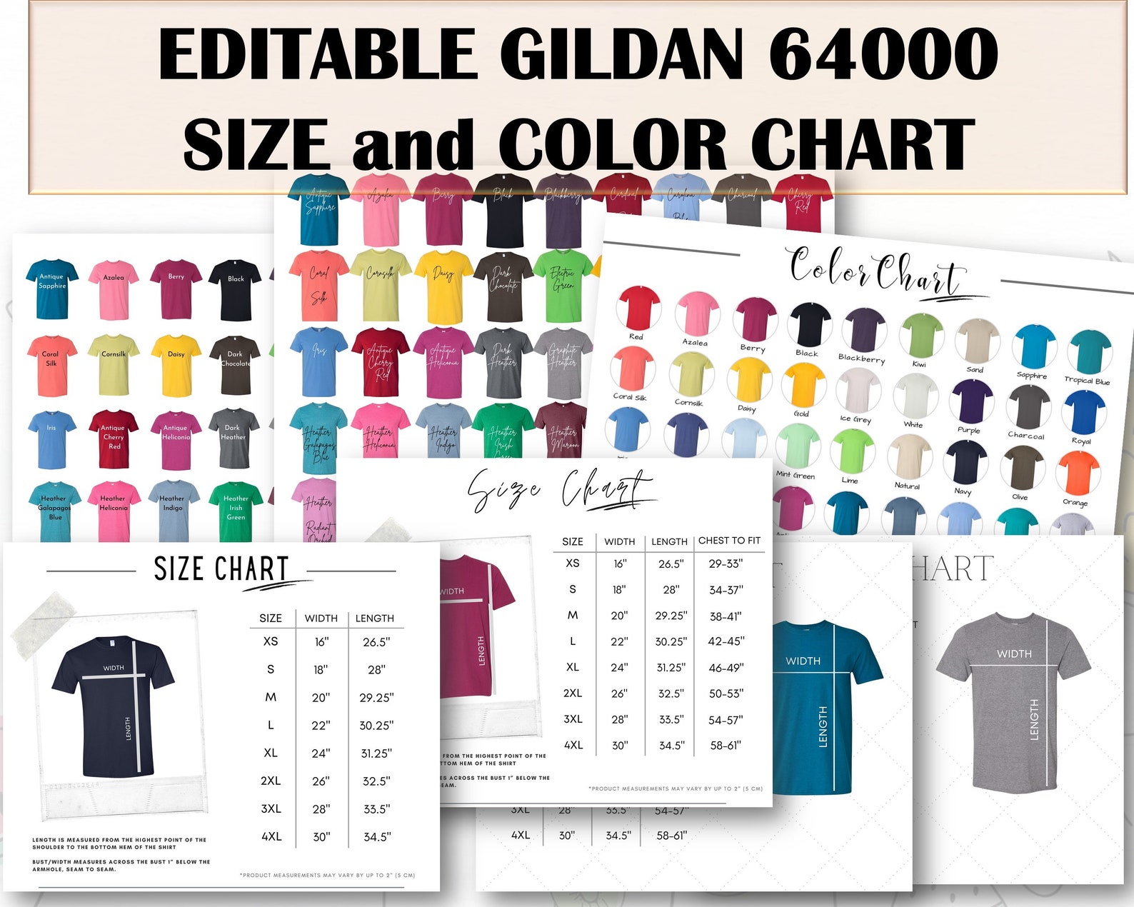 Editable Gildan 64000 Color Chart and size chartGildan G640 | Etsy