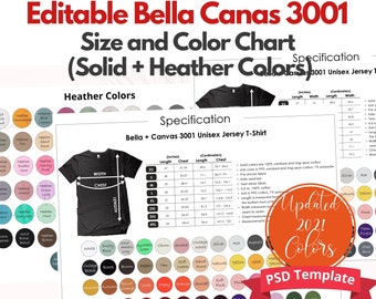 Bella Canvas 3001 Size Chart|Bella + Canvas 3001 Size and Color Chart|Bella Canvas 3001 Color Chart|Bella 3001 Solid Colors|BC3001 Color|PSD