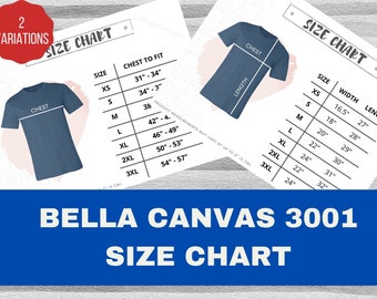 Bella + Canvas 3001 Size Chart - Unisex Jersey Short Sleeve Tee| Size Guide| Flatlay Mockup| + BC3001 | 2 Variations