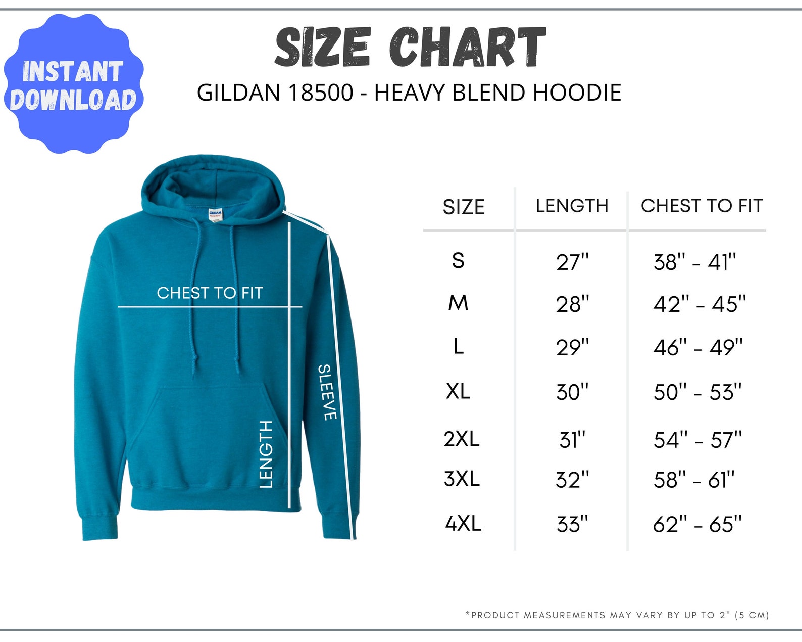Gildan 18500 Size Chart Gildan Size Chart Gildan mockup | Etsy