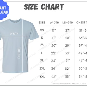 Op de afbeelding: Een maattabel voor T-shirts met afmetingen in inches voor breedte, lengte en borstbreedte. De tabel omvat de maten XS tot 3XL.