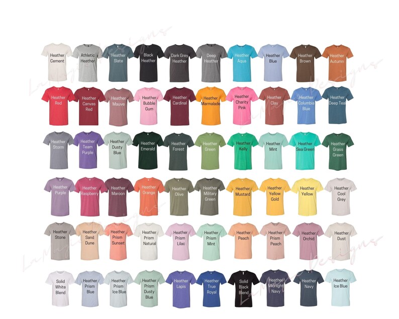 May include: A chart of 60 different heather colors for t-shirts. The colors are arranged in rows and columns, with each color labeled with its name. The colors range from light to dark, and from cool to warm.